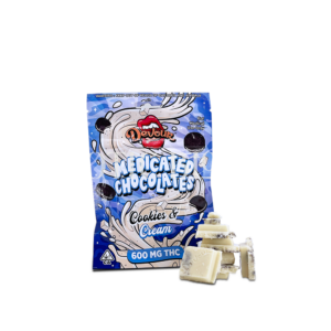 Devour Choco Bites THC-infused chocolate bites 600mg total in Dark Chocolate Double Toffee flavor, fast-acting edible chocolate pieces in branded packaging, available for nationwide USA shipping from Express Blooms